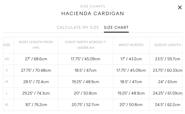 Product size guide