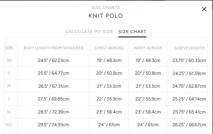 Product size guide