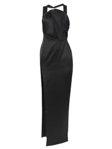 Women | RASARIO | Draped Satin Asymmetric Cut-out Gown With Ring | Black