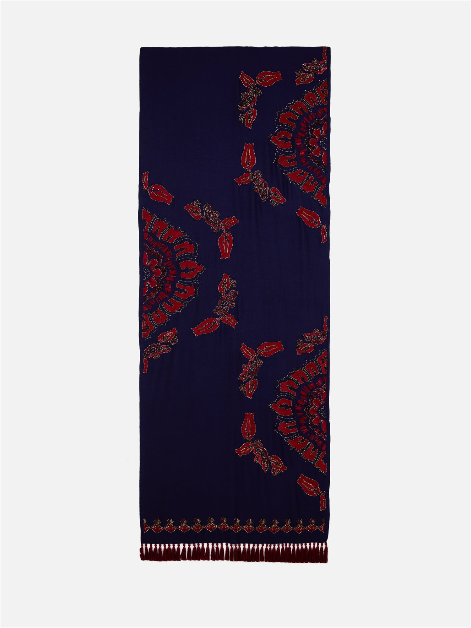 Imported Embroidered Beaded Scarf Shawl | Navy