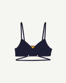Rib Bra in navy color with adjustable straps and pearlized dome buttons.