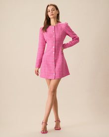 Women's Pink Single-breasted Tweed Mini Dress