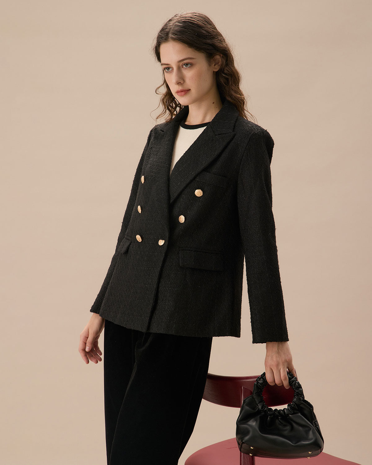 Women's Black Double-breasted Tweed Blazer