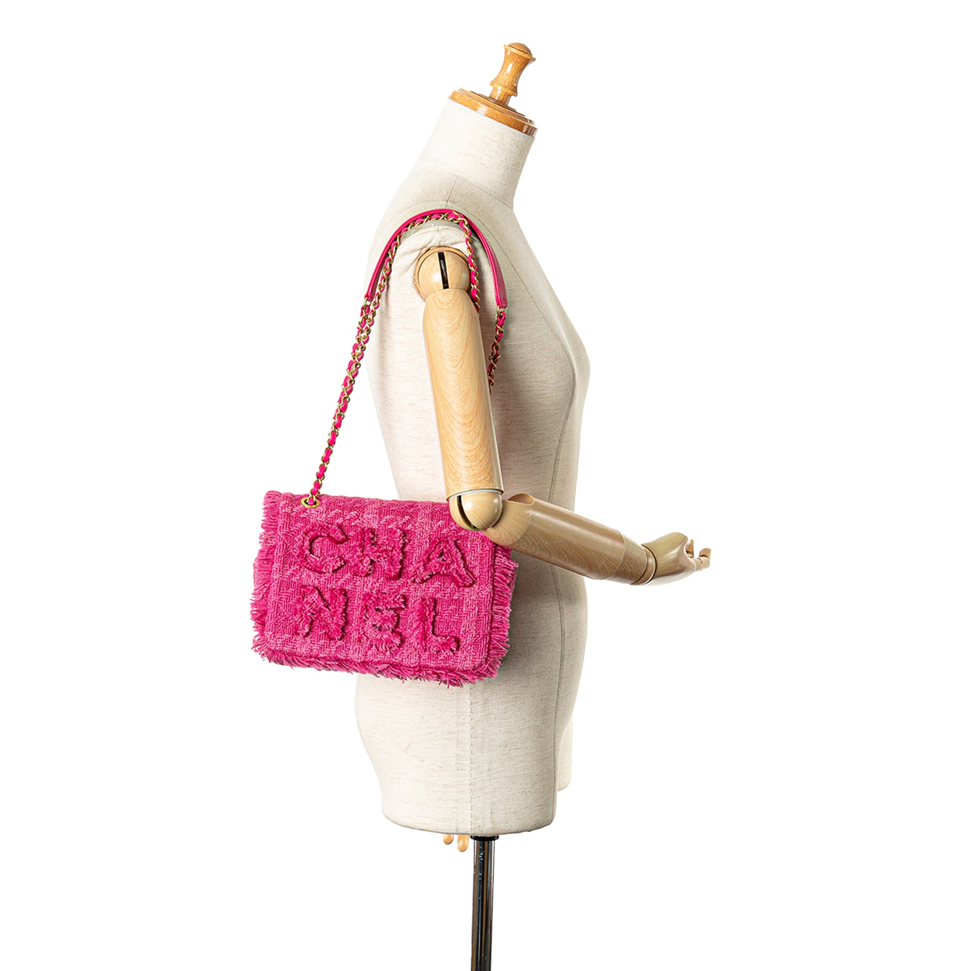 Chanel | Pre-Owned Wool Tweed Giant Logo Flap | Pink/Hot Pink