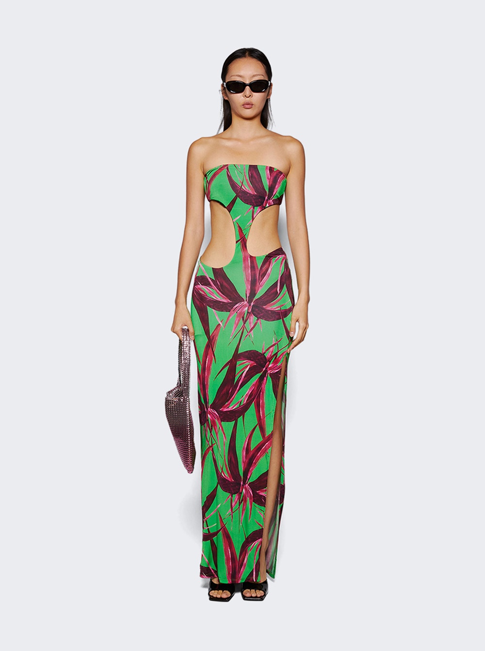 Women | Louisa Ballou | Long Carve Dress | Green With Red Flowers