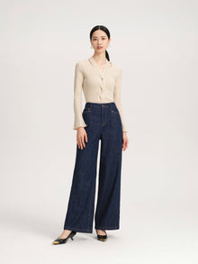 Wool Fit Long-Sleeves V-Neck Sweater Top | Beige