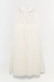 Ivory lace sleeveless dress with sweetheart neckline and A-line skirt.