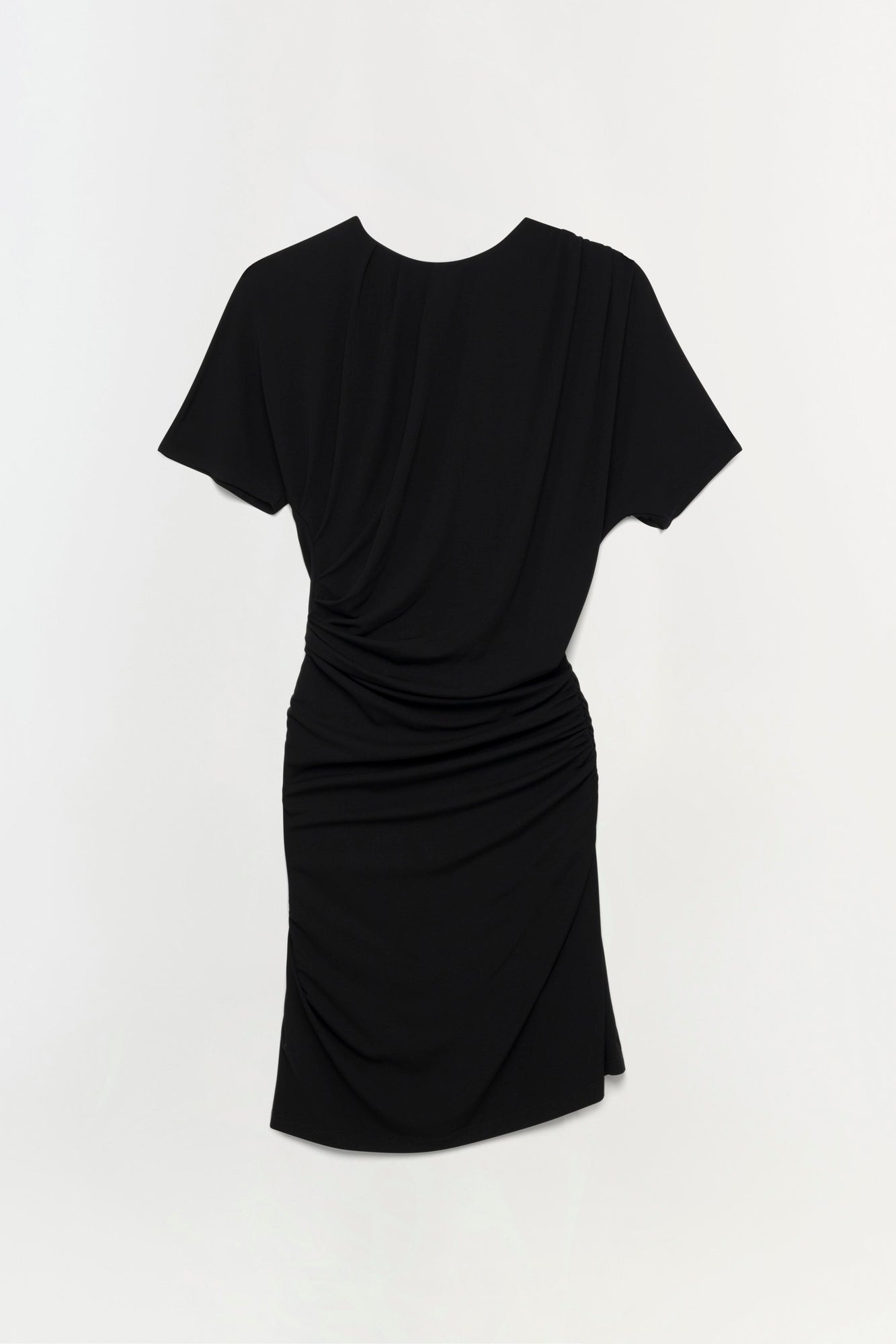 Black short-sleeve dress with ruched side waist detail and asymmetrical skirt hem.