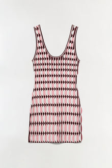 Pink and burgundy knit mini dress with scalloped edge pattern and sleeveless tank neckline.