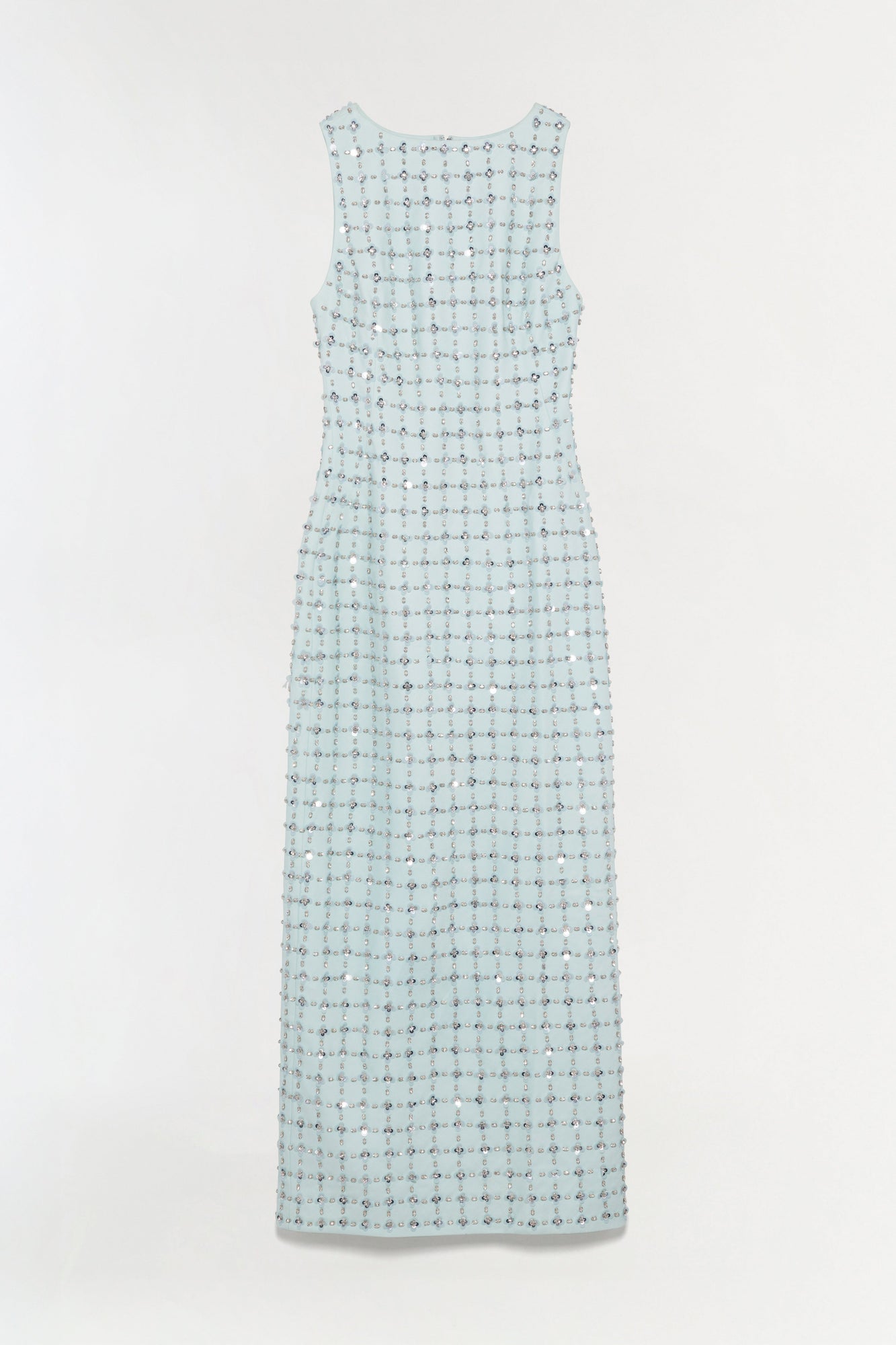 Light blue sleeveless midi dress with all-over silver beaded embellishment and round neckline.