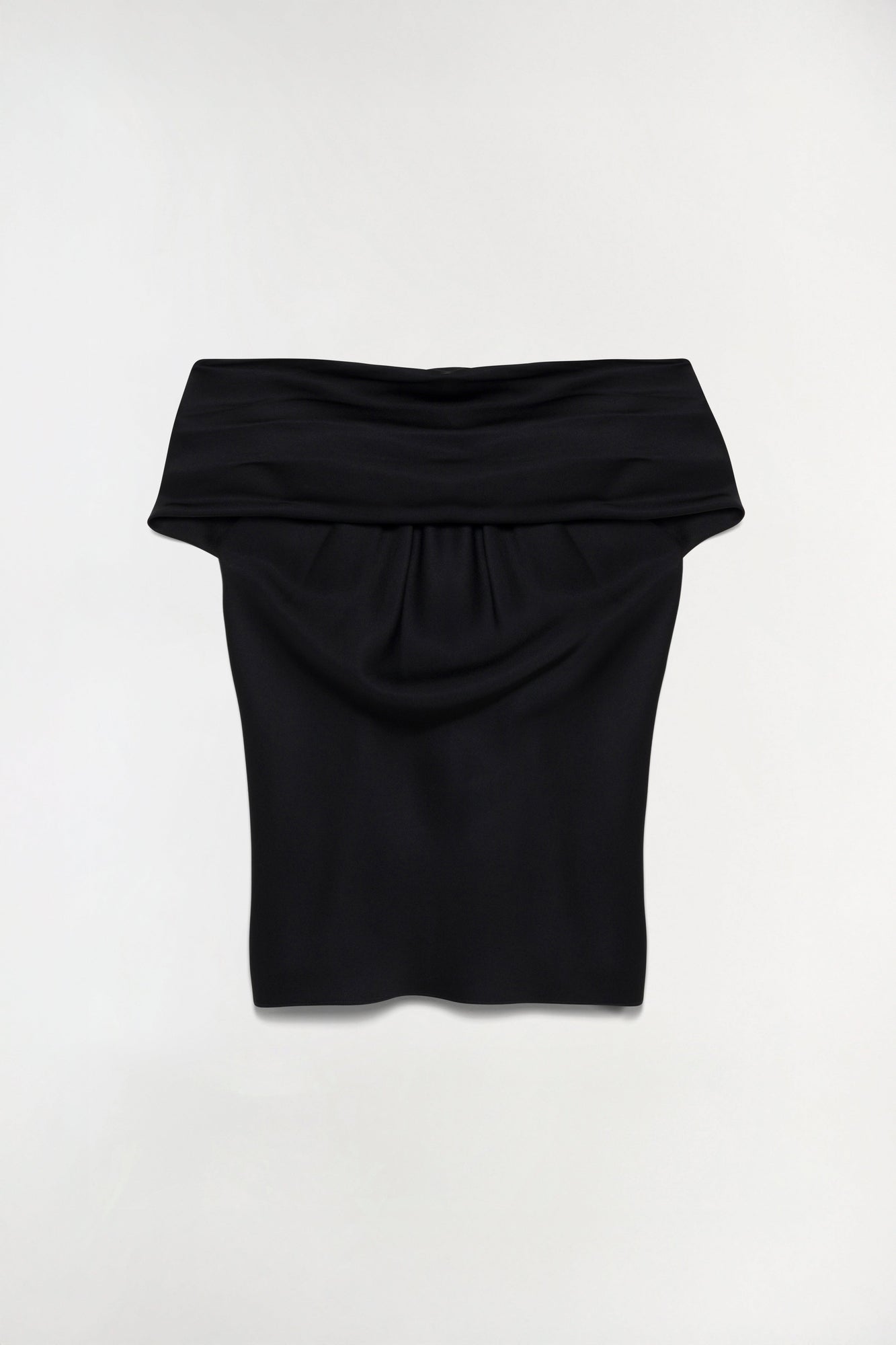 Black knit top with off-shoulder neckline and ruched front detail.