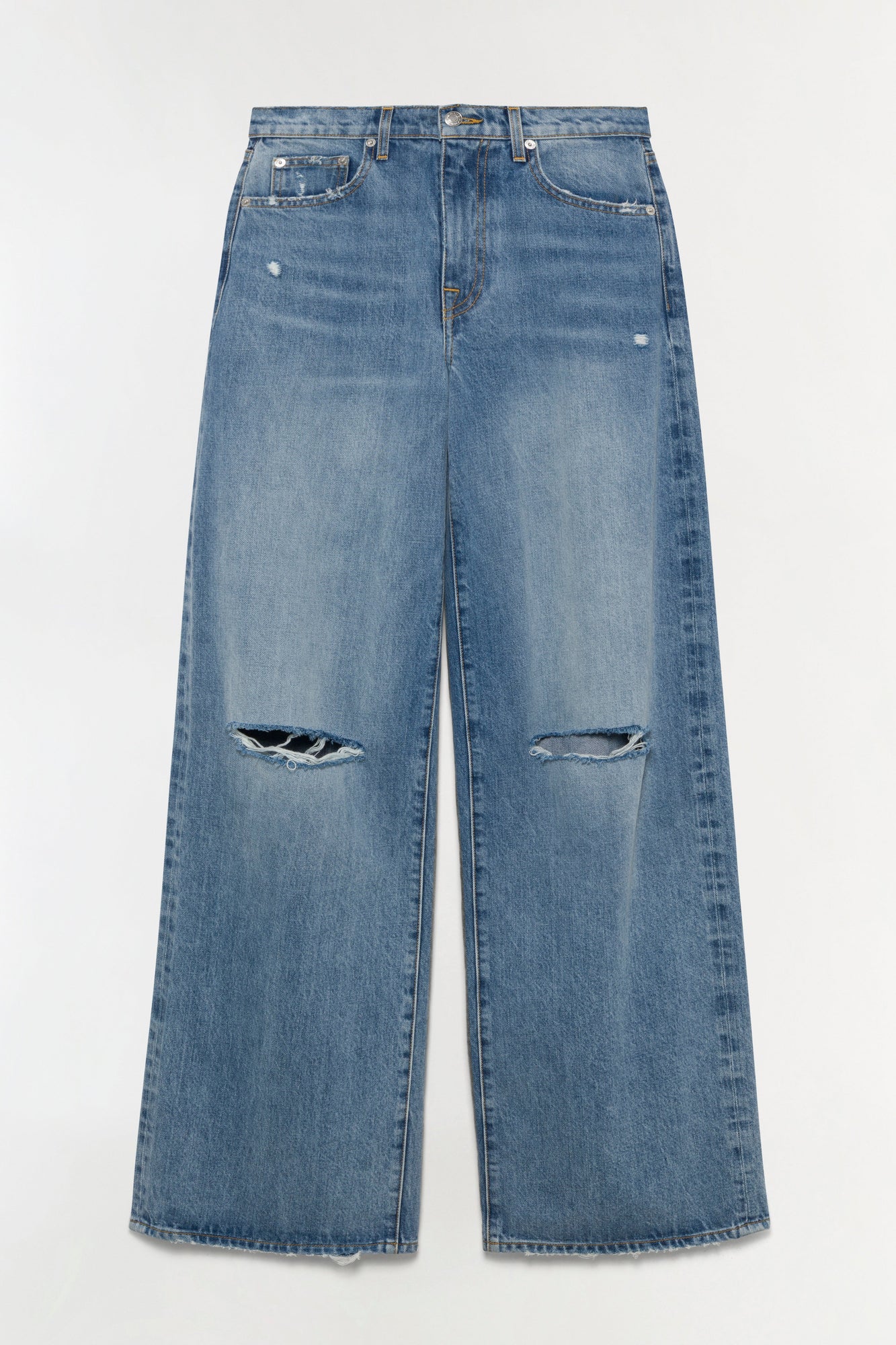 Blue denim straight crop pants with ripped knee details and frayed hem.