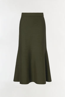 Olive green wool midi skirt with a flared A-line silhouette and ribbed waistband.
