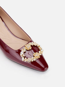 Decorative Buckle Chunky Heel Commuter Flats | Wine Red