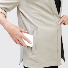 modek wearing womens fusion overshirt taupe zoom pocket with iphone