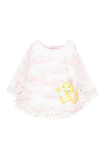 Girls | Tweety Cloud Print Muslin Poncho | Cream/Antique Pink
