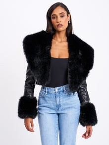 Ziah Cropped Leather Jacket with Fur Collar | Black