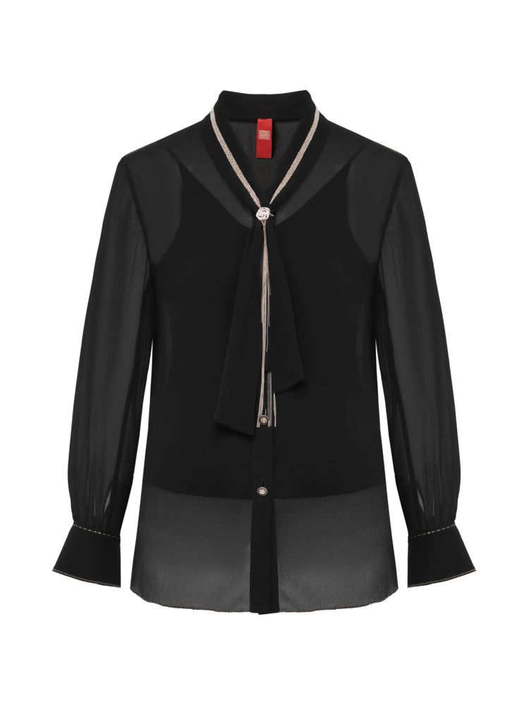 Silk Necktie-Style Scarf Shirt | Black