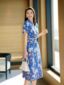 Printed Waist-fitted Dress | Blue