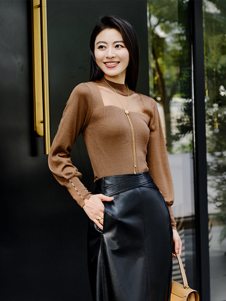 Wool Sheer Tulle Mock Neck Sweater | Brown