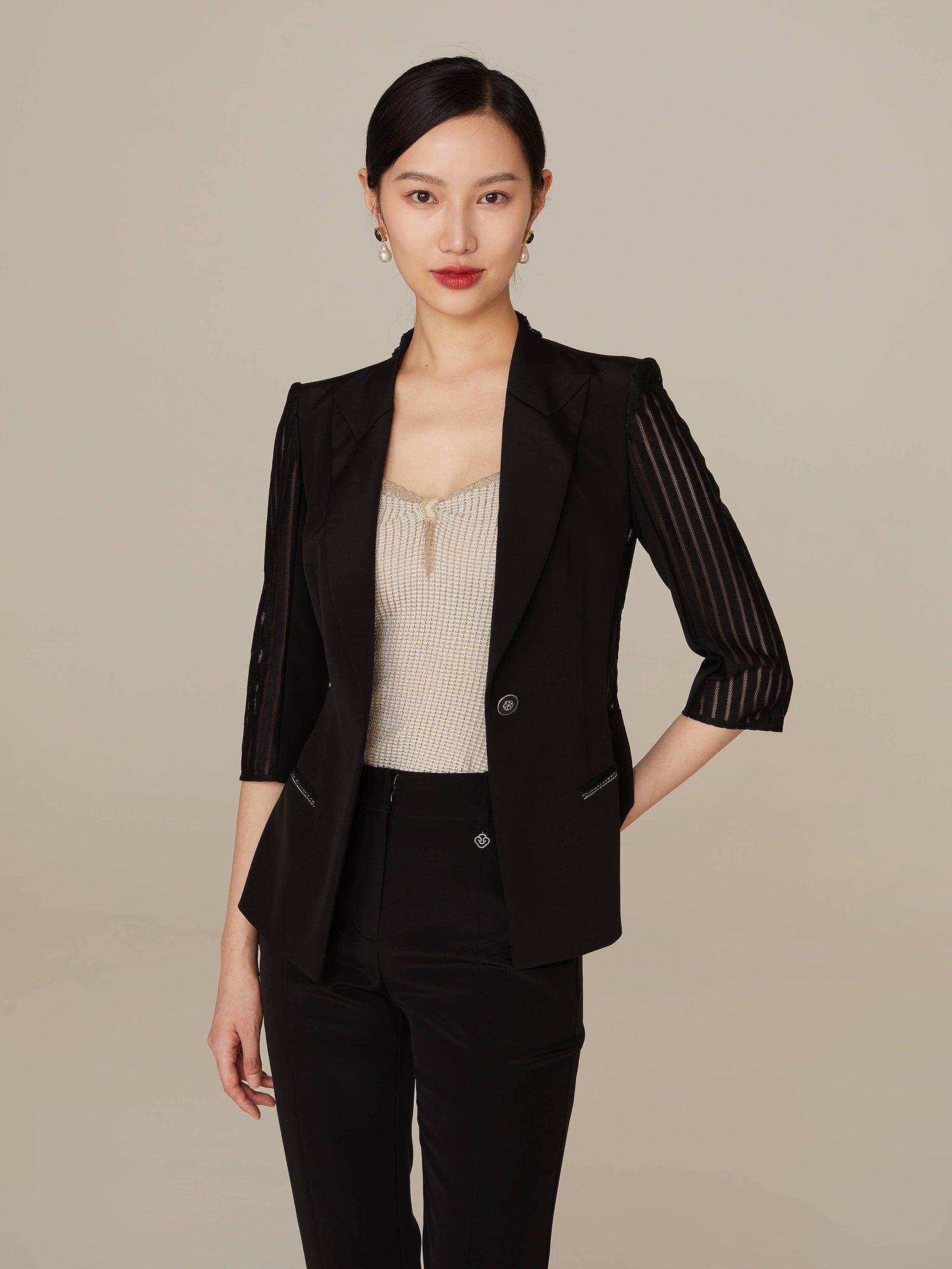 Sheer Pleated Sleeve Blazer | Black