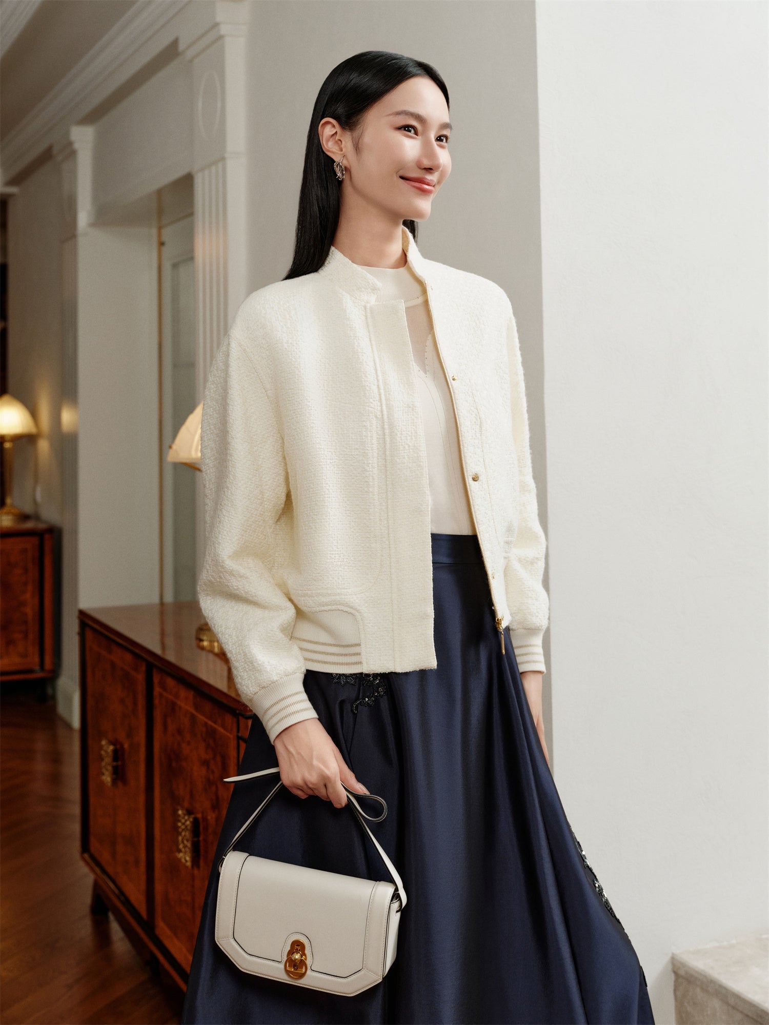 Chinese Style Stand-Up Collar Flight Jacket | White