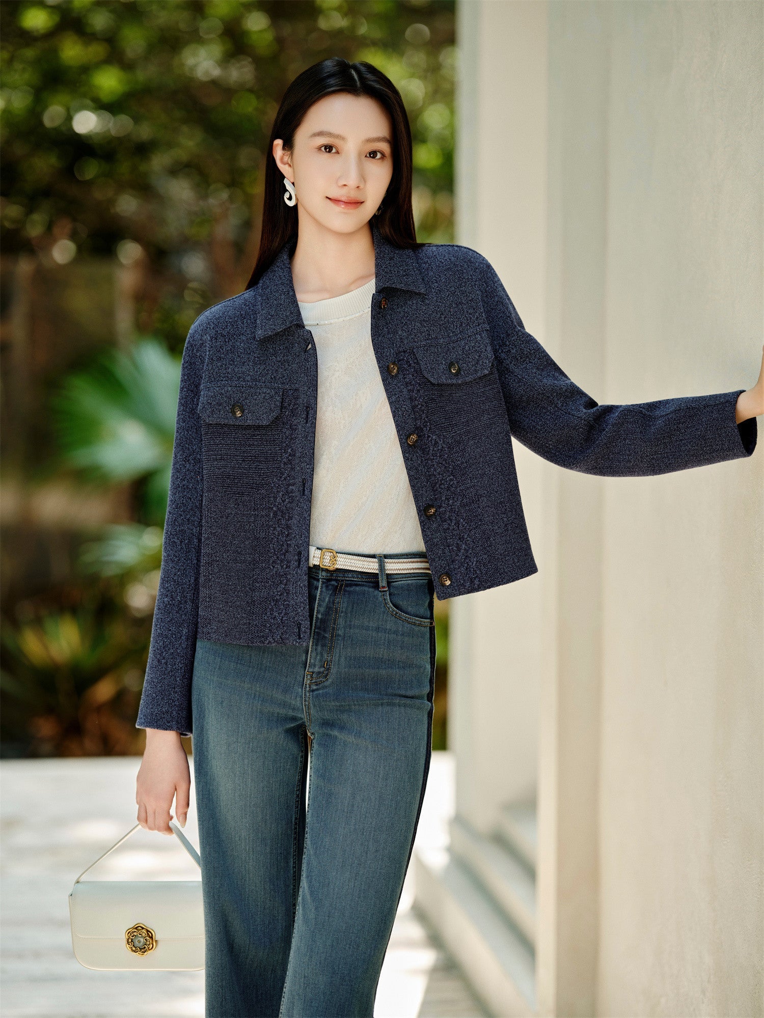Knit Denim-Look Jacket | Navy