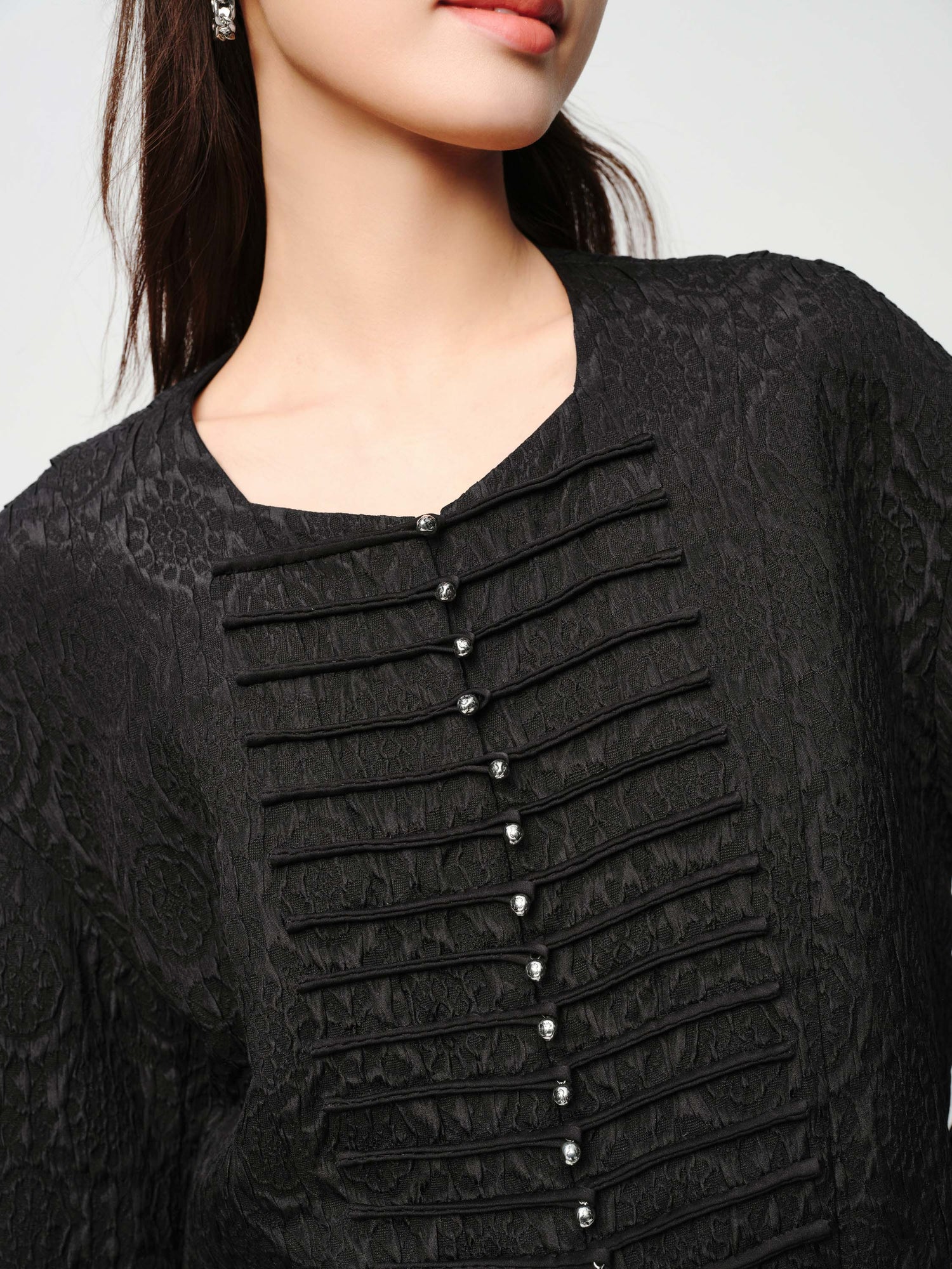 Mulberry Silk Wool Jacquard Frog Button Jacket | Black