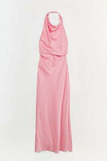Pink satin halter gown with draped neckline and fitted waist, flowing to floor length.