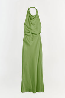 Green satin halter gown with draped neckline and fitted waist on neutral background.
