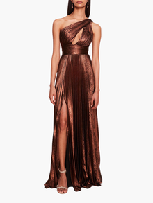 Metallic Lame Pleated Gown | Bronze