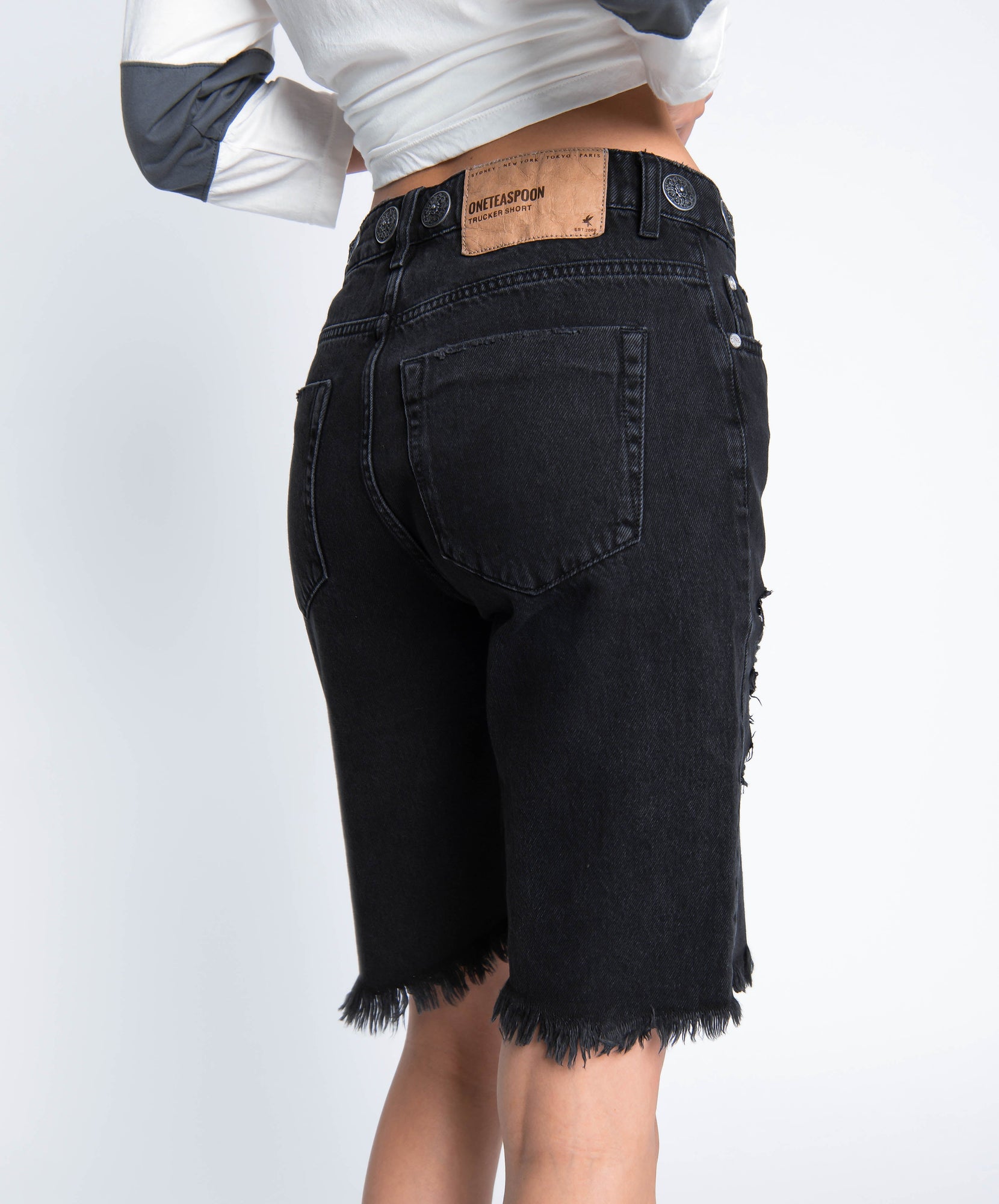 Truckers Mid Waist Long-Length Relaxed Denim Shorts | Black