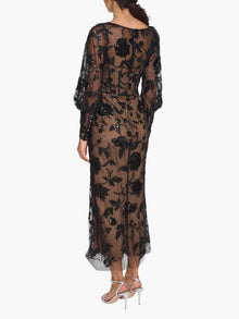 Illusion Murals Long Sleeve Corset Embellished Cocktail Maxi Dress | Black