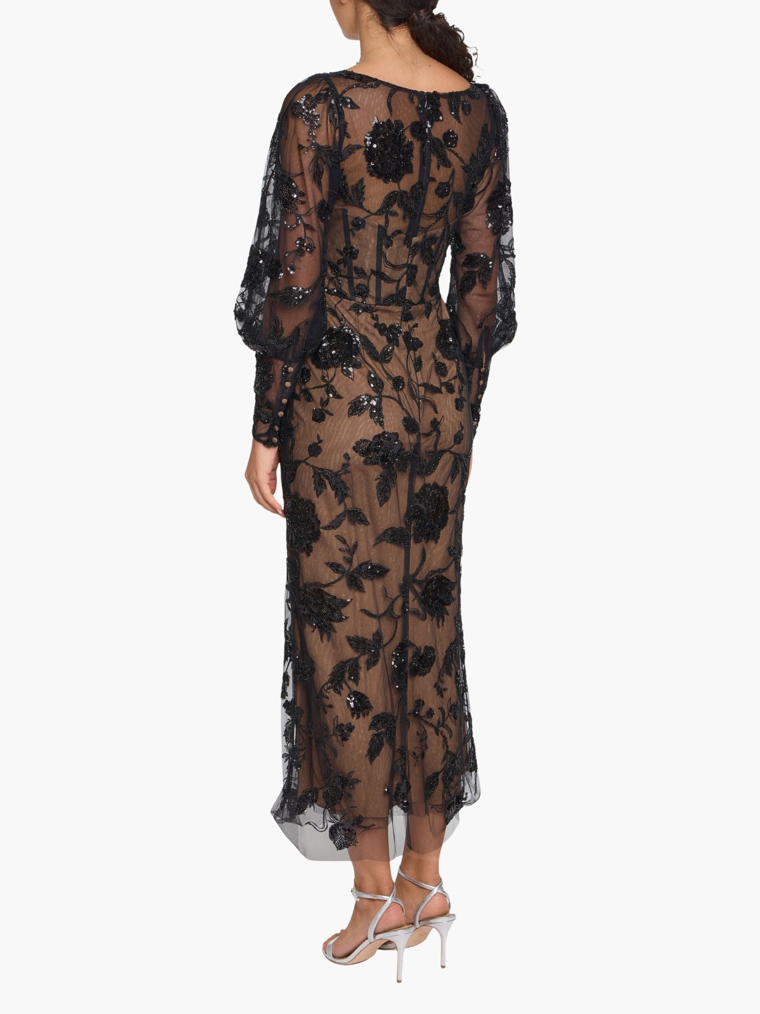 Illusion Murals Long Sleeve Corset Embellished Cocktail Maxi Dress | Black
