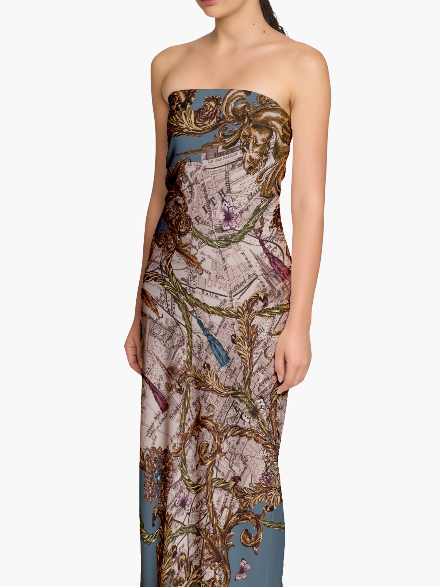 Jewel of Edinburgh Strapless Printed Midi Dress | Blue Multi