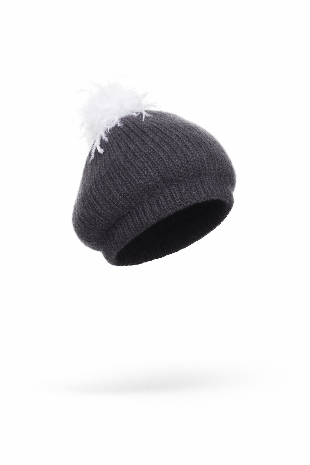 Charcoal knit beanie with white ostrich pom-pom on a white background