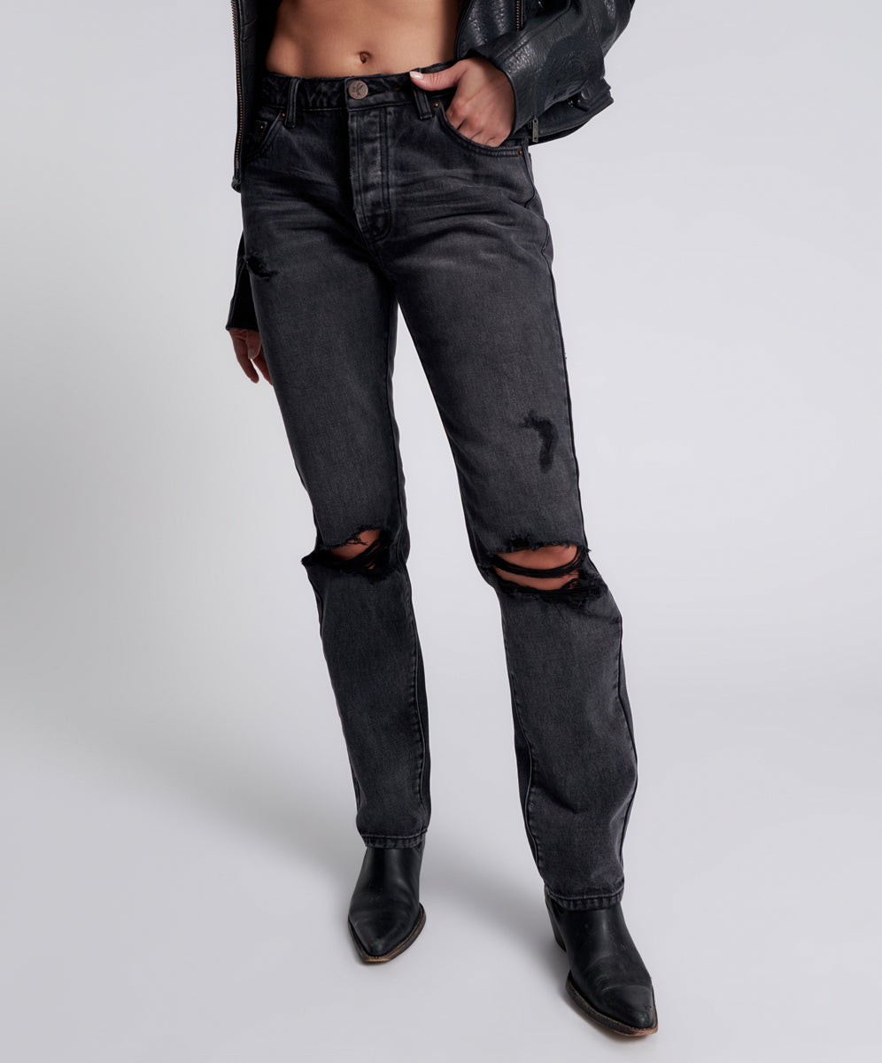 Truckers Mid Waist Straight Leg Denim Jeans | Faded Black