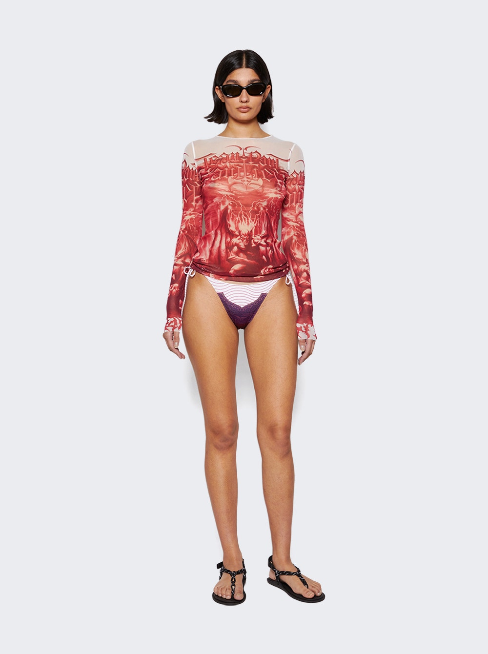 Women | Jean Paul Gaultier | Cartouche Printed Bikini Bottom | Burgundy
