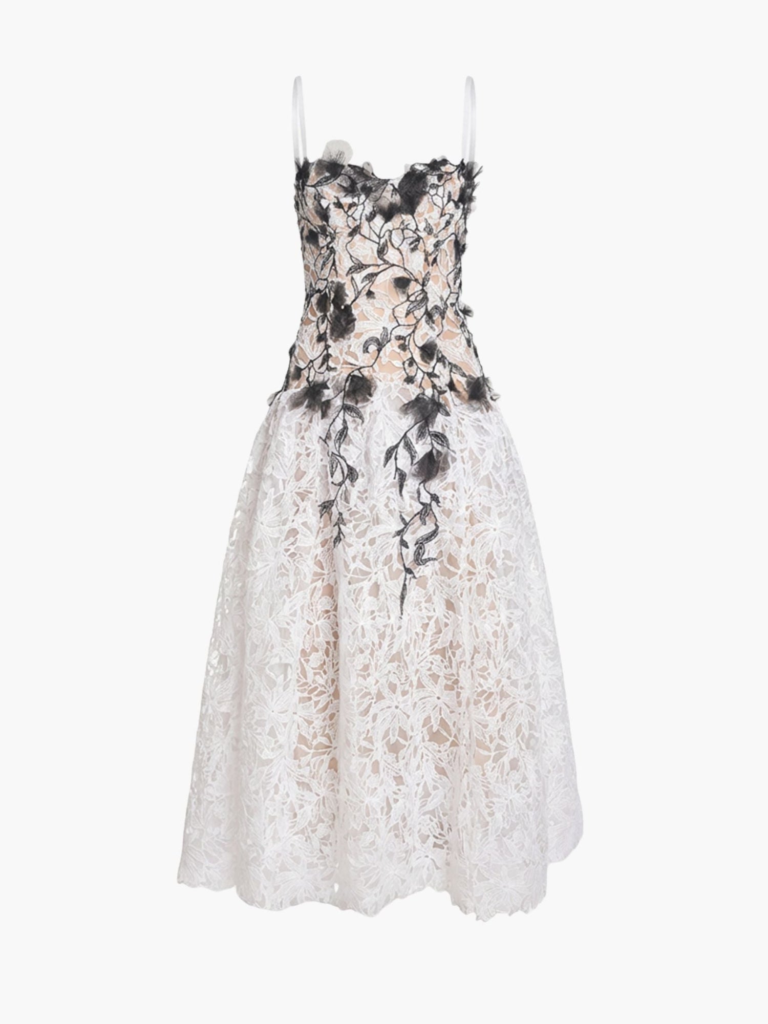 Vivarium Vines Lace Guipure A-line Midi Dress | Black/White