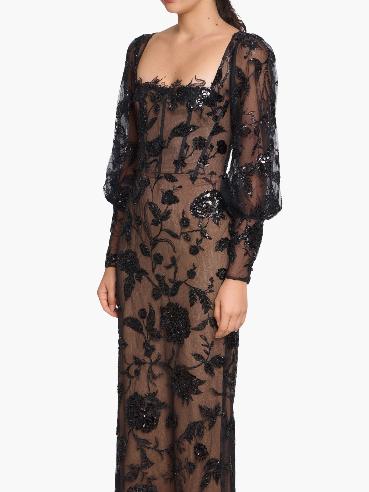 Illusion Murals Long Sleeve Corset Embellished Cocktail Maxi Dress | Black