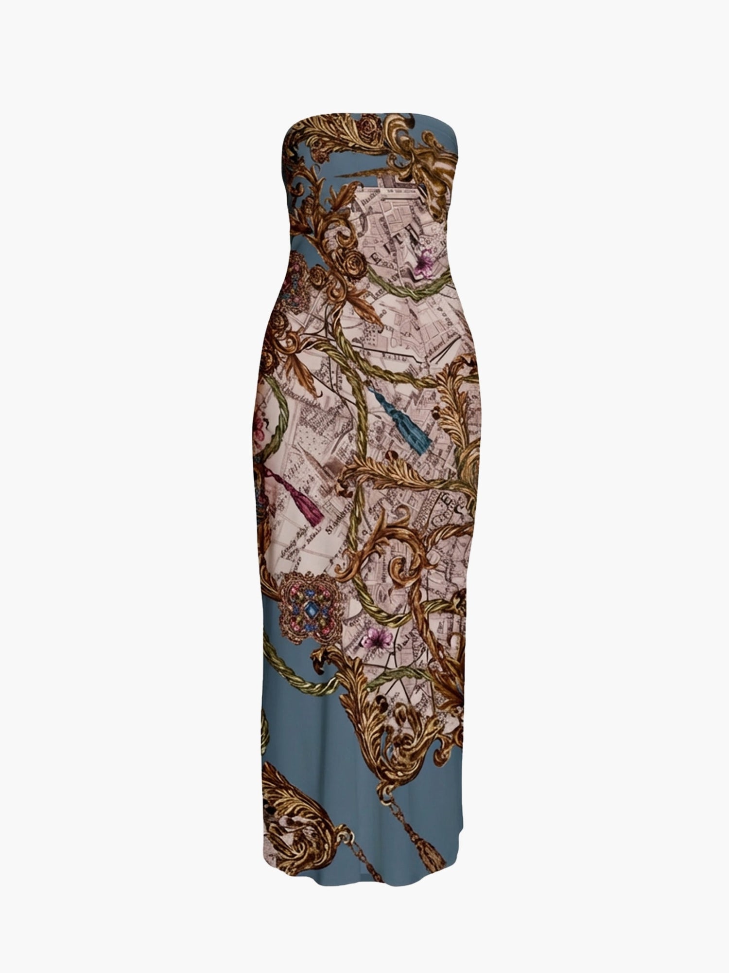 Jewel of Edinburgh Strapless Printed Midi Dress | Blue Multi
