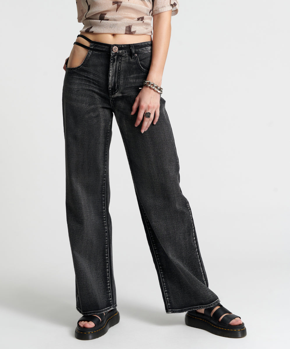 Cut-Out Jackson Mid Waist Wide Leg Denim Jeans | Faded Black