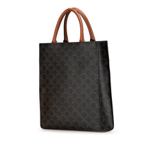 Celine | Pre-Owned Small Paris Print Triomphe Coated Canvas Vertical Cabas Tote | Brown/Dark Brown