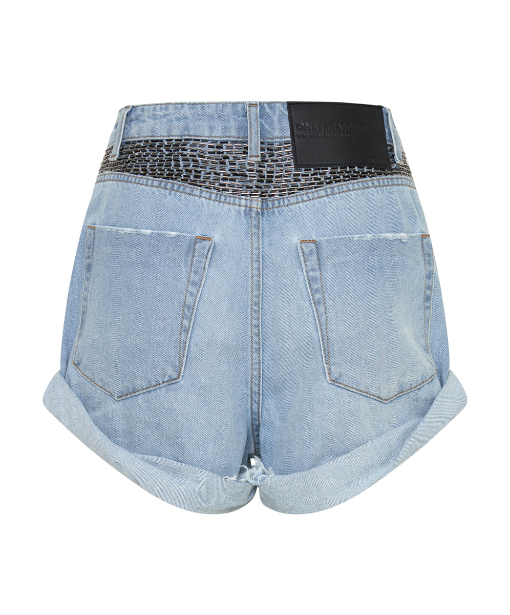 Bandits High Waist Sequin Denim Shorts | Mid Blue