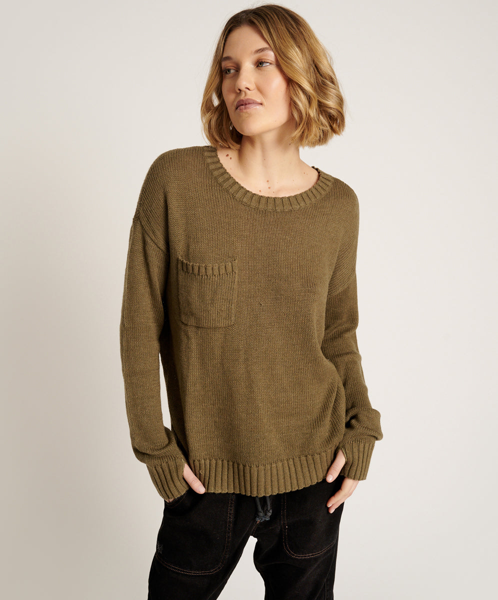 Classic Pocket Chunky Knit Sweater | Khaki