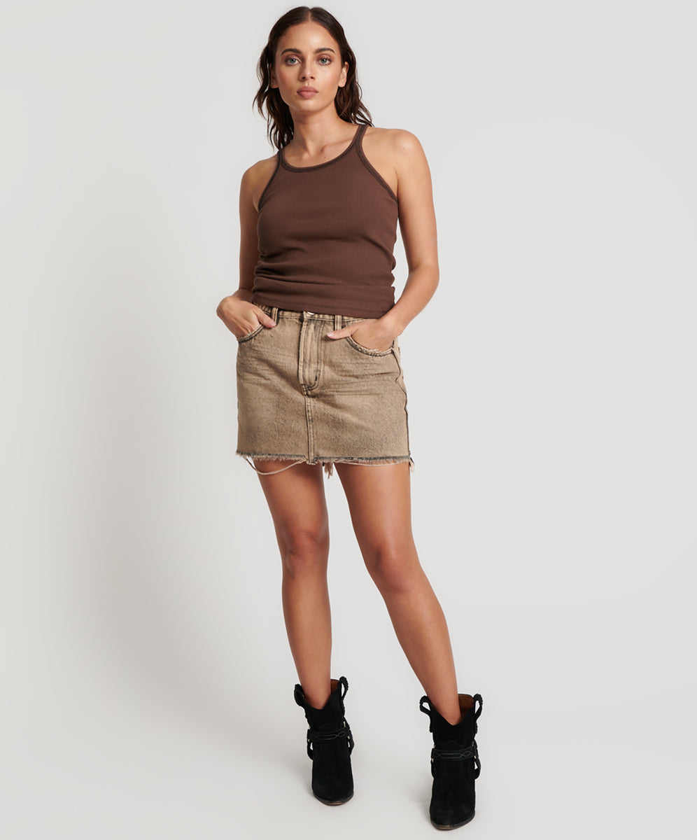 2020 High Waist Mini Denim Skirt | Rust