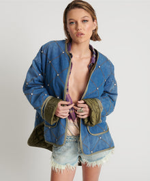 Quilted Crystal Studded Denim Jacket | Bay Blue