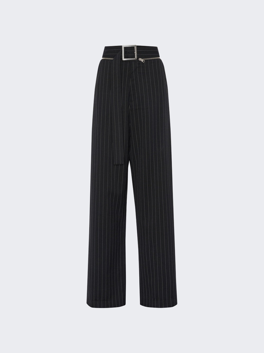 Women | Jean Paul Gaultier | Pinstripe Wool Belted Suit Pants | Black
