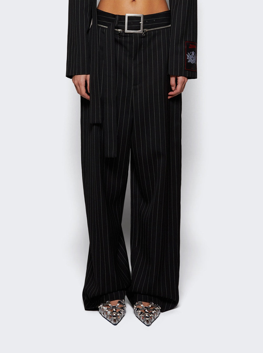 Women | Jean Paul Gaultier | Pinstripe Wool Belted Suit Pants | Black
