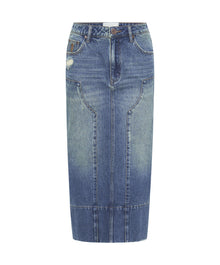 Cassidy Mid Waist Long Denim Column Skirt | Gritty Blue